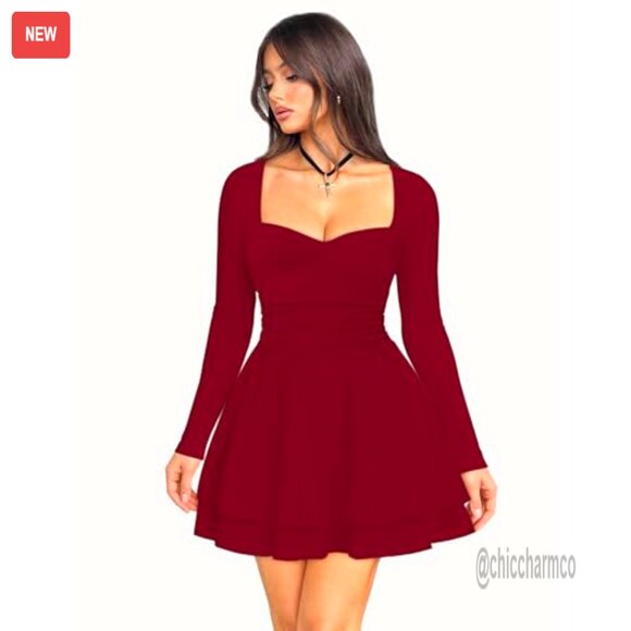 Long Sleeve Mini Dress Ruched Corset Waist Tiered Ruffle Hem A-Line Party - Picture 2 of 7